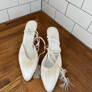 Vintage Leather Bottom Satin Beaded Wedding Shoes